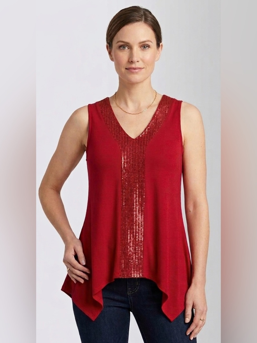 Adrianna Papell dark red sequin v-neck blouse, asymmetrical sides, great shape,M